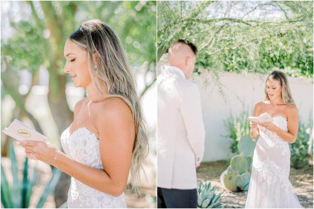 bride and groom reading vows to each other with custom his and hers vow books
