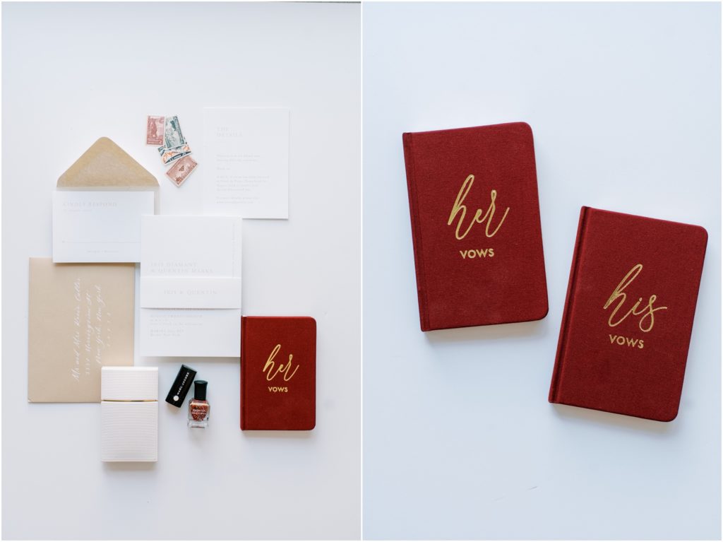 Red His and Hers custom vow books with linen cover and gold metallic foil stamp