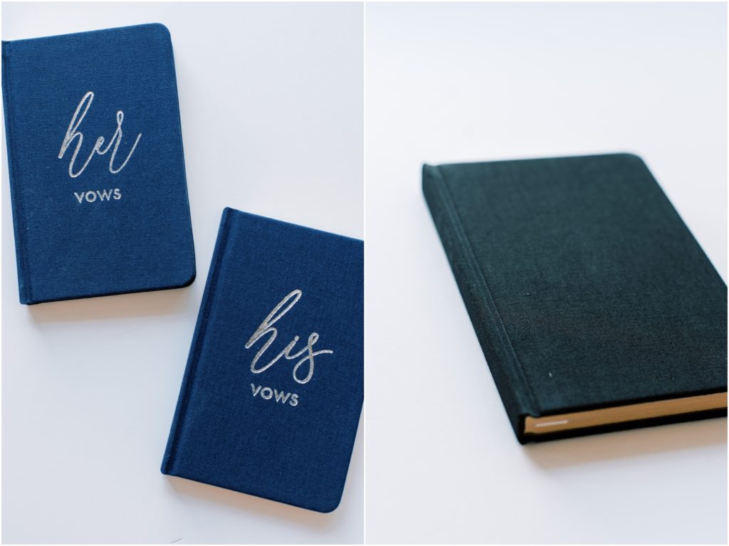 Navy custom vow books with silver metallic foil stamp