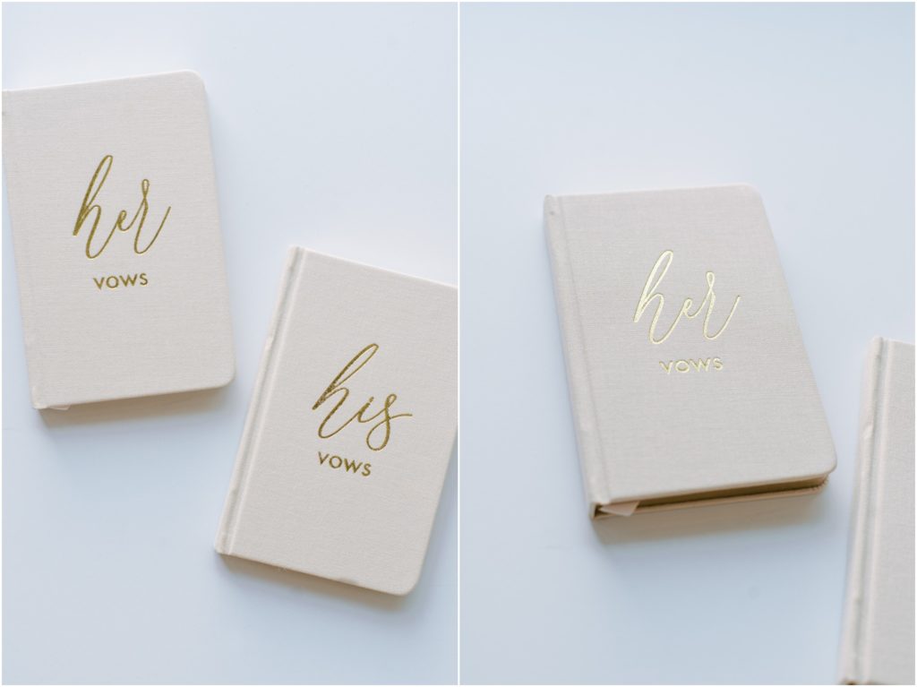 ivory custom vow books with His and Hers gold metallic foil customization