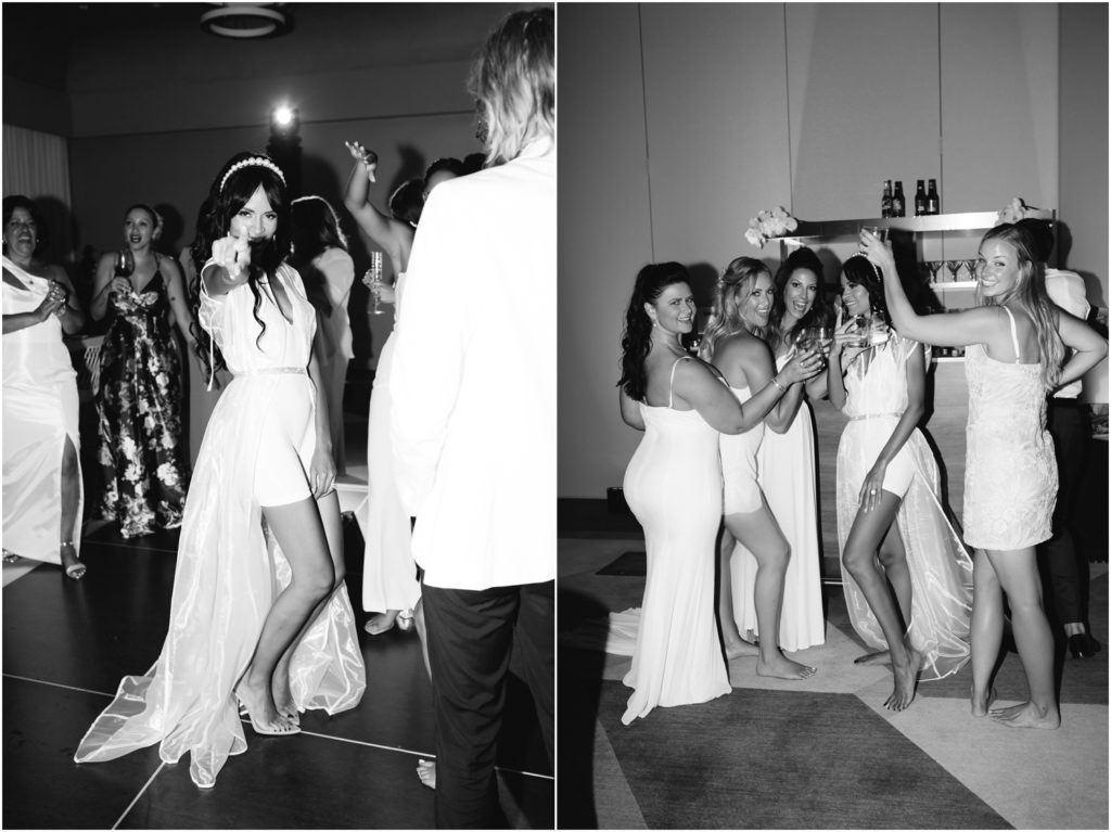 bride and bridesmaids dancing at wedding reception