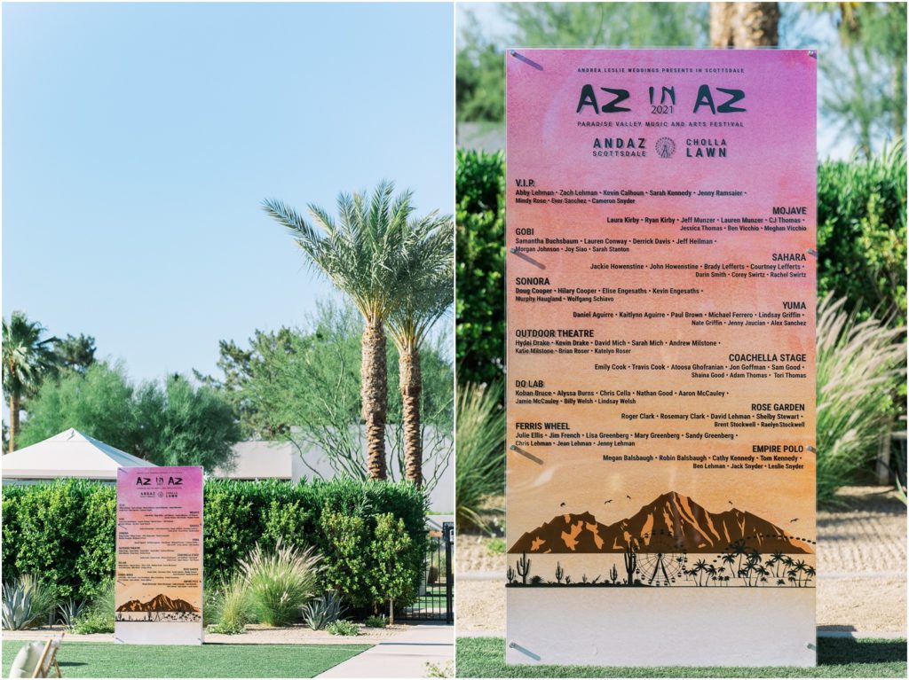 Coachella inspired wedding escort card display at andaz scottsdale