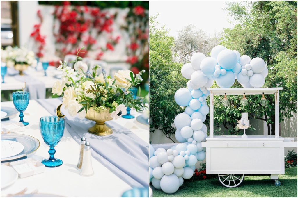 bar cart with blue balloon installation at moon and stars baby shower