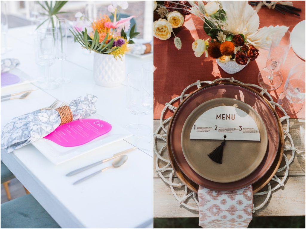 Wedding tablescape ideas, laser cut custom dinner menus