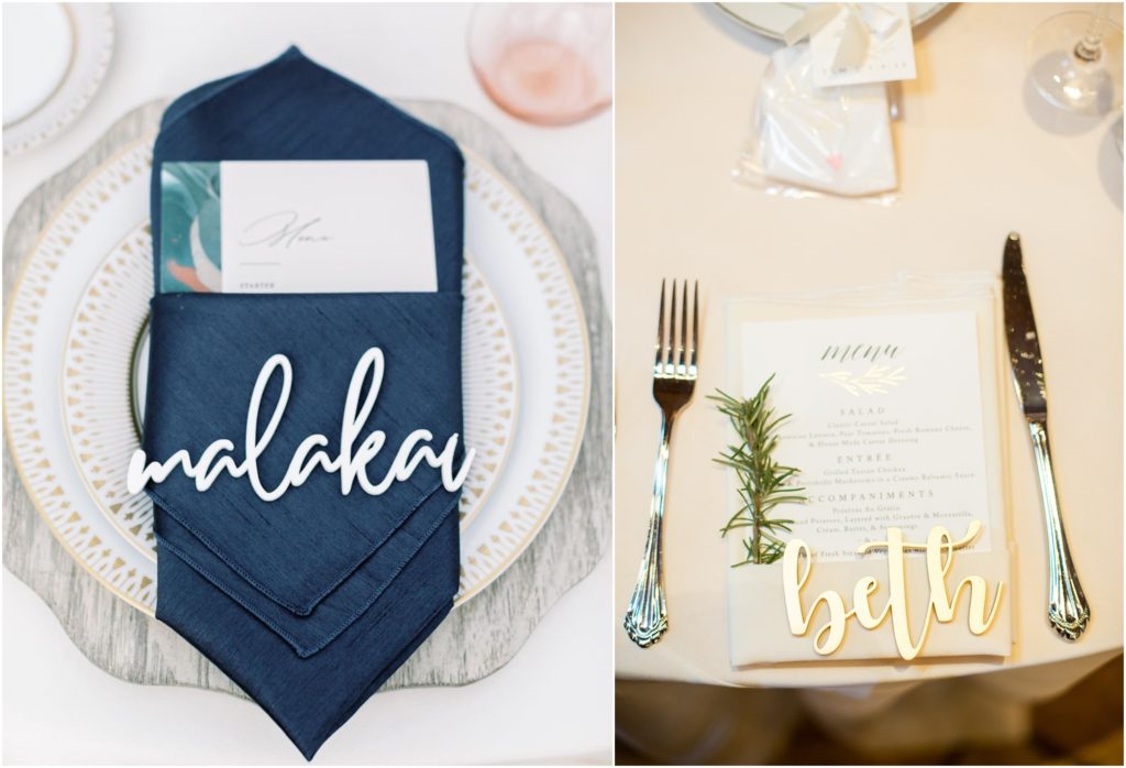 Wedding tablescape ideas, laser cut name tags and custom dinner menus