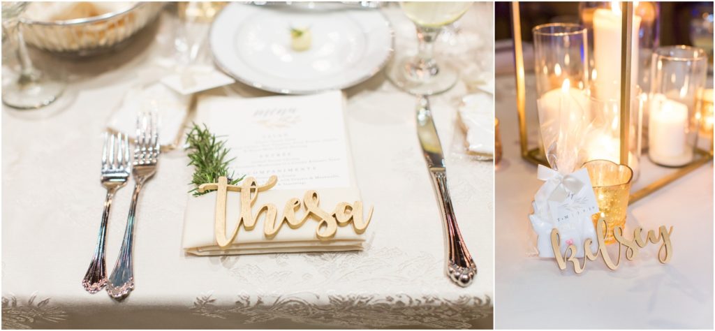 Wedding tablescape ideas, laser cut name tags and custom dinner menus