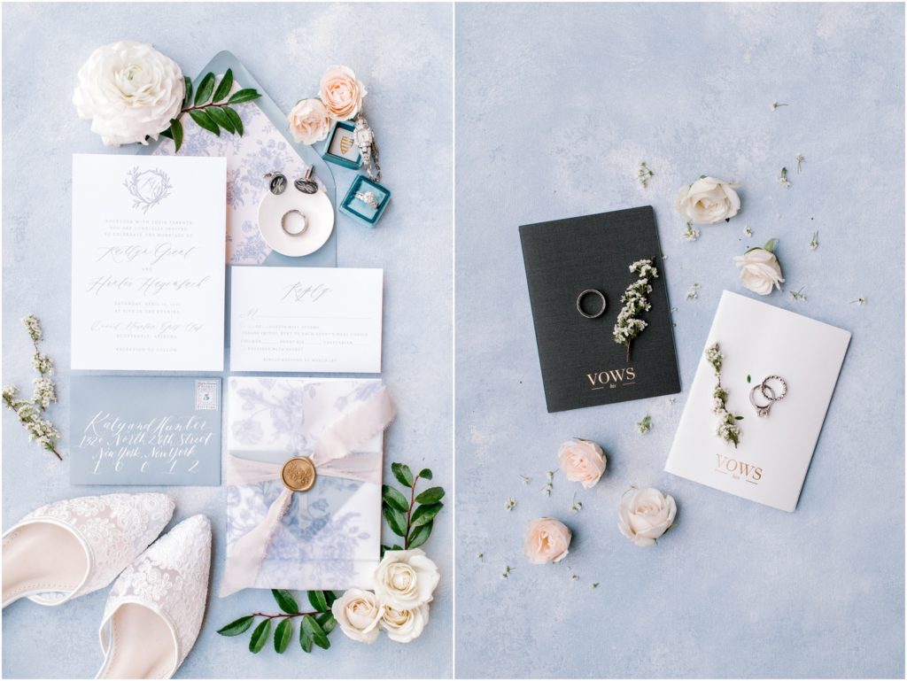 dusty blue and white wedding details, invitations and vow books