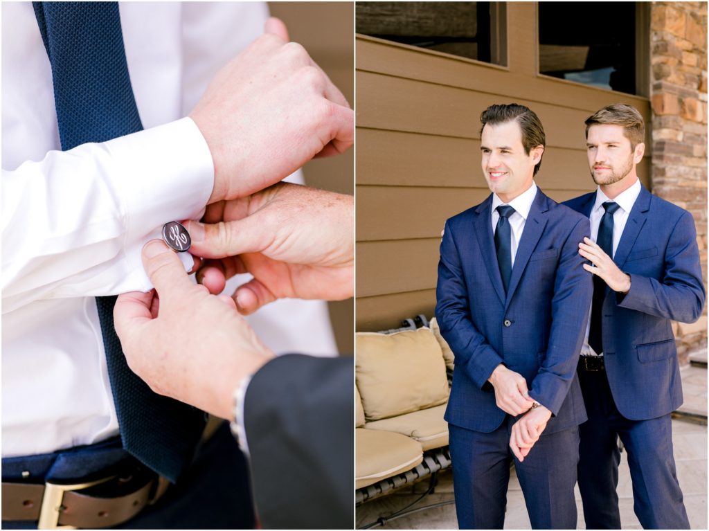 groom getting ready on wedding day, wearing navy blue suit