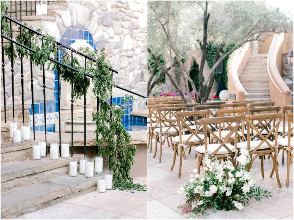 classic wedding ceremony decor with white flowers and greenery, desert wedding 