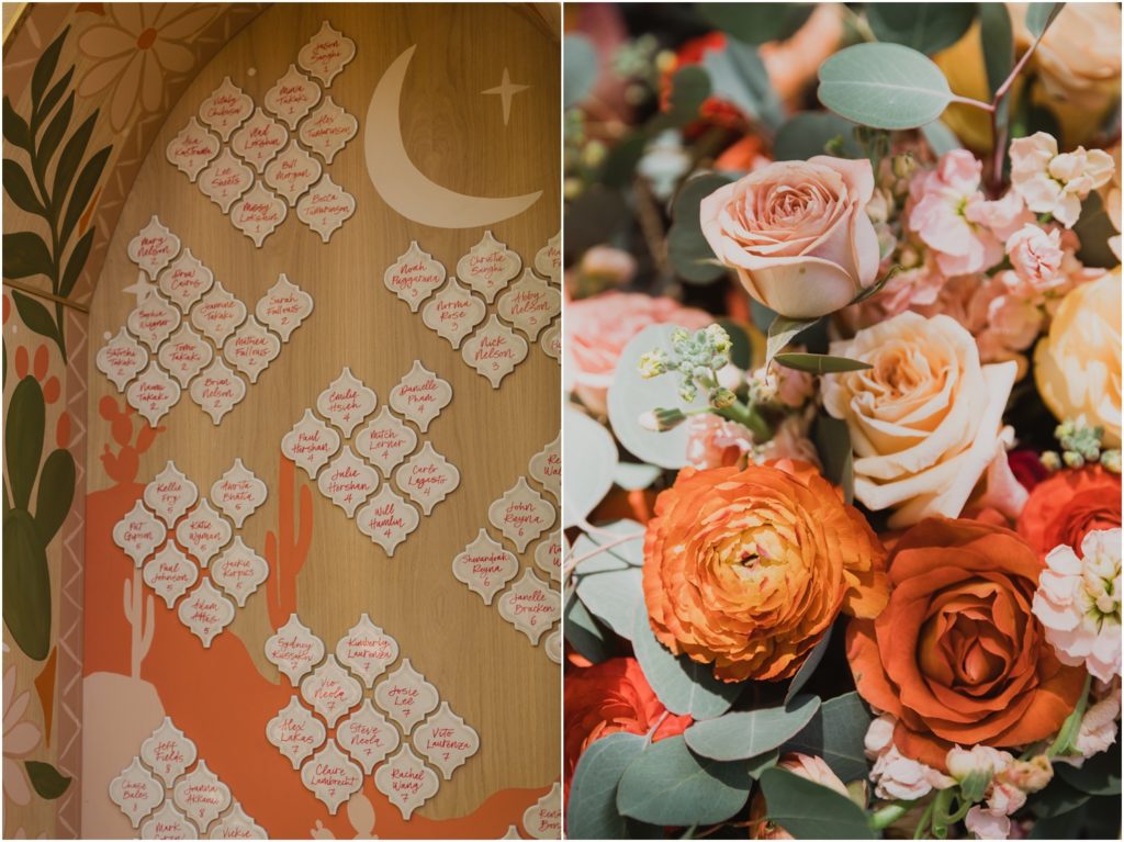 pink and peach florals for a boho wedding, and colorful guest seating chart created by the details duo for an arizona wedding at l'auberge de sedona