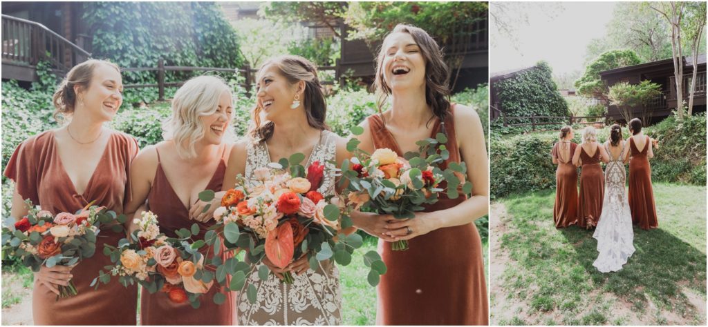 bride and bridesmaids wearing copper velvet bridesmaid dresses and carrying pink and peach boho bouquets