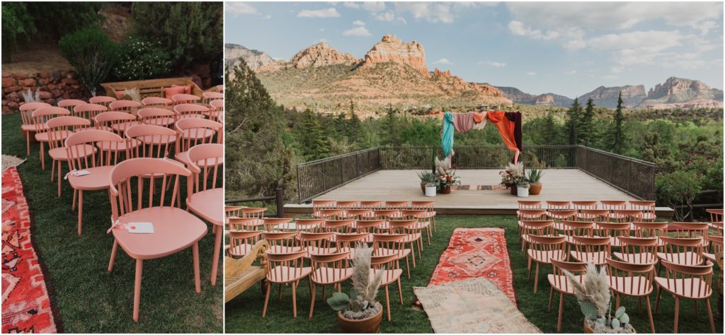 ceremony set up for a wedding at l'auberge de sedona with pink chairs, boho rugs, boho florals, and colorful ceremony arch drapes