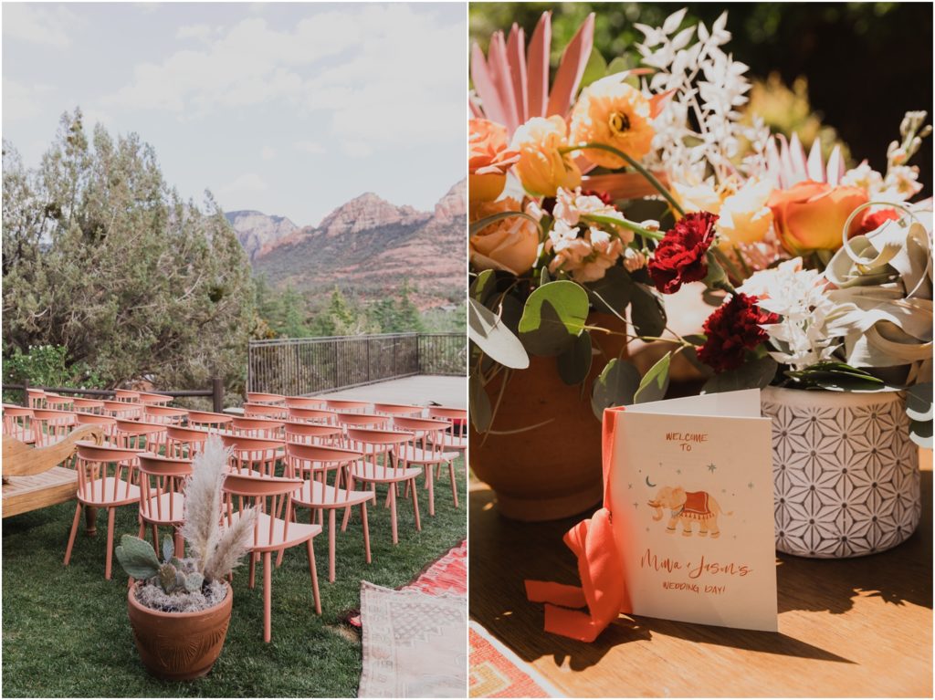 ceremony set up for a wedding at l'auberge de sedona with pink chairs, boho rugs, boho florals, and colorful ceremony arch drapes