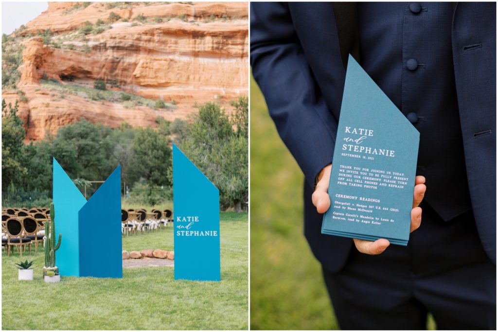 lgbt wedding in sedona, large welcome sign built by the details duo 