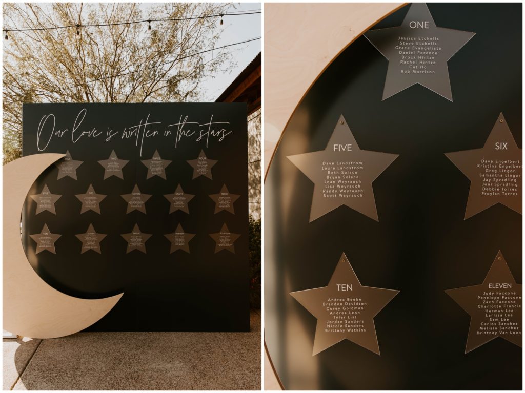 moon and stars seating chart - wedding at The Paseo, custom wedding displays by The Details Duo, custom wedding decor in Arizona